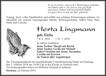 Traueranzeige von Herta Lingmann von Südthüringer Presse