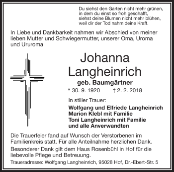 Traueranzeige von Johanna Langheinrich von Frankenpost