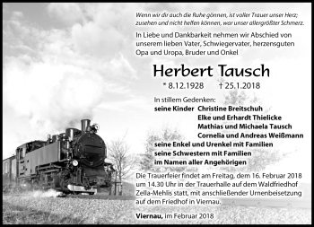 Traueranzeige von Herbert Tausch von Südthüringer Presse
