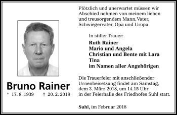 Traueranzeige von Bruno Rainer von Südthüringer Presse