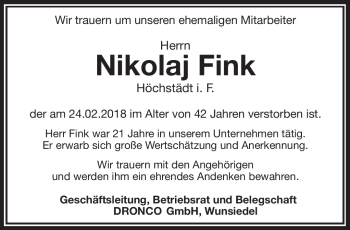Traueranzeige von Nikolaj Fink von Frankenpost