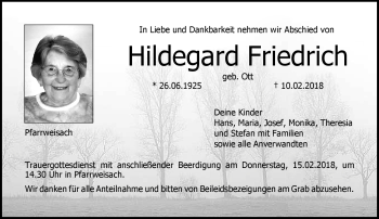 Traueranzeige von Hildegard Friedrich von Neue Presse Coburg