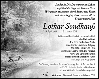 Traueranzeige von Lothar Sondhauß von Südthüringer Presse