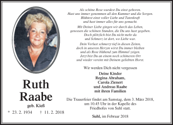 Traueranzeige von Ruth Raabe von Südthüringer Presse