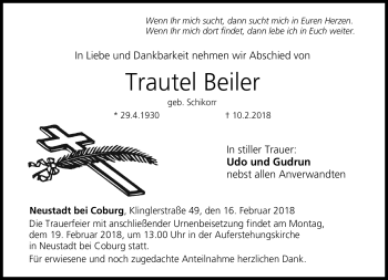 Traueranzeige von Trautel Beiler von Neue Presse Coburg