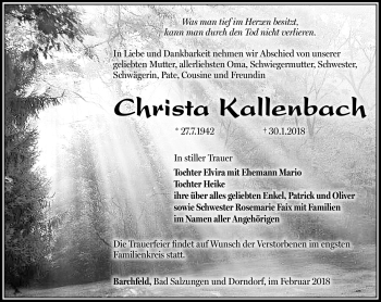 Traueranzeige von Christa Kallenbach von Südthüringer Presse