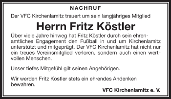 Traueranzeige von Fritz Köstler von Frankenpost