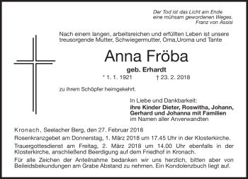 Traueranzeige von Anna Fröba von Neue Presse Coburg