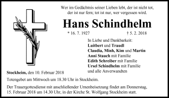 Traueranzeige von Hans Schindhelm von Neue Presse Coburg