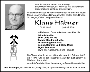 Traueranzeige von Klaus Hübner von Südthüringer Presse