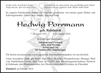 Traueranzeige von Hedwig Porrmann von Südthüringer Presse