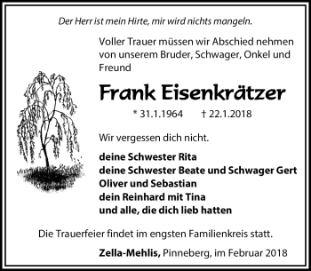 Traueranzeige von Frank Eisenkrätzer von Südthüringer Presse