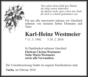 Traueranzeige von Karl-Heinz Westmeier von Südthüringer Presse
