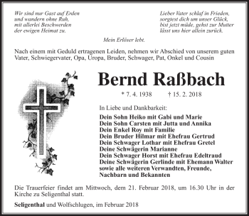 Traueranzeige von Bernd Raßbach von Südthüringer Presse