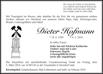 Traueranzeige von Dieter Hofmann von Südthüringer Presse