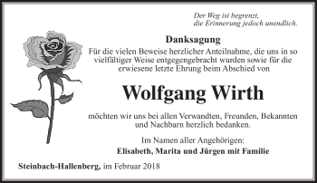 Traueranzeige von Wolfgang Wirth von Südthüringer Presse