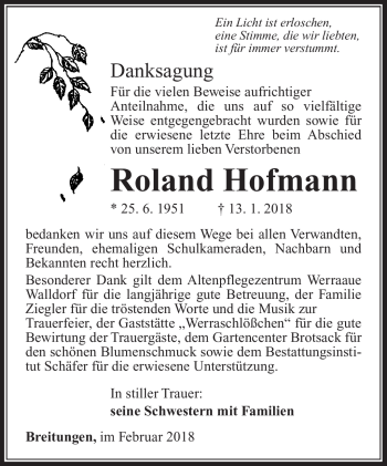 Traueranzeige von Roland Hofmann von Südthüringer Presse