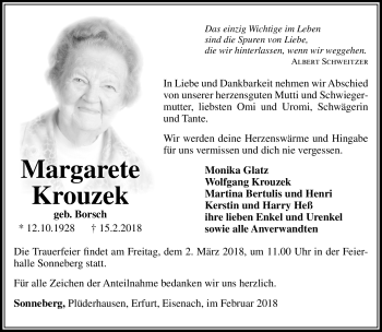 Traueranzeige von Margarete Krouzek von Südthüringer Presse