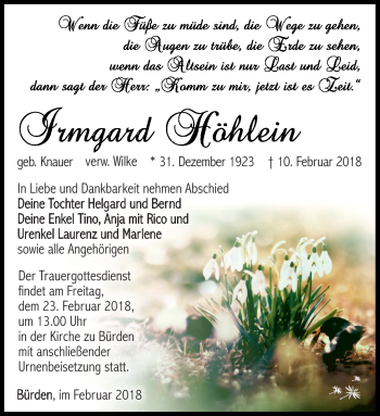 Traueranzeige von Irmgard Höhlein von Südthüringer Presse