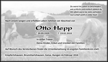 Traueranzeige von Otto Hepp von Südthüringer Presse