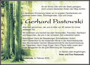 Traueranzeige von Gerhard Pastowski von Südthüringer Presse