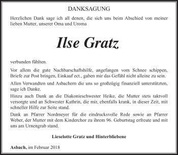 Traueranzeige von Ilse Gratz von Südthüringer Presse