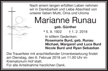 Traueranzeige von Marianne Runau von Frankenpost