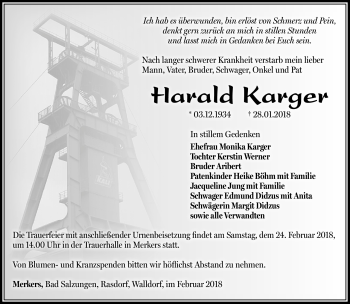 Traueranzeige von Harald Karger von Südthüringer Presse
