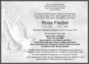 Traueranzeige von rosa Fiedler von Frankenpost