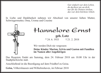 Traueranzeige von Hannelore Ernst von Südthüringer Presse