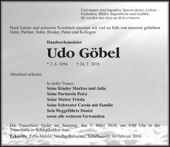 Traueranzeige von Udo Göbel von Südthüringer Presse