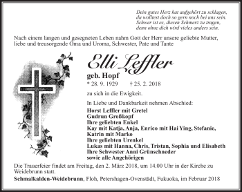 Traueranzeige von Elli Leffler von Südthüringer Presse