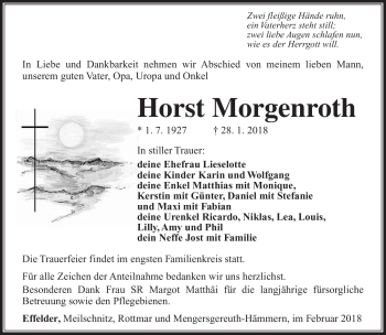 Traueranzeige von Horst Morgenroth von Südthüringer Presse