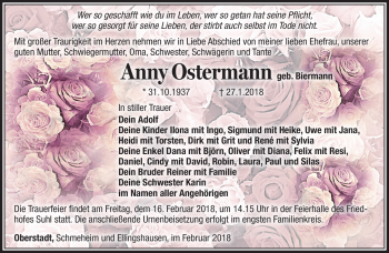 Traueranzeige von Anny Ostermann von Südthüringer Presse