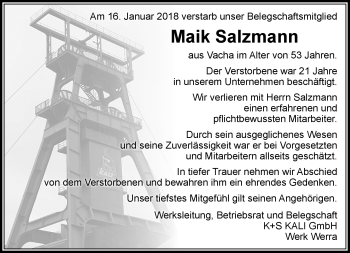 Traueranzeige von Maik Salzmann von Südthüringer Presse