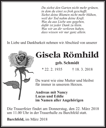 Traueranzeige von Gisela Römhild von Südthüringer Presse