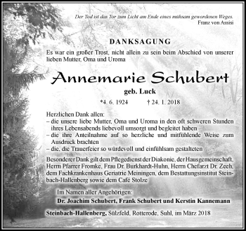 Traueranzeige von Annemarie Schubert von Südthüringer Presse
