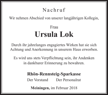 Traueranzeige von Ursula Lok von Südthüringer Presse