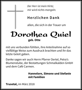 Traueranzeige von Dorothea Quiel von Südthüringer Presse