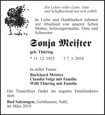 Traueranzeige von Sonja Meister von Südthüringer Presse