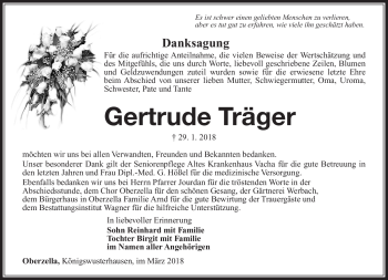 Traueranzeige von Gertrude Träger von Südthüringer Presse