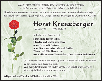 Traueranzeige von Horst Kreuzberger von Südthüringer Presse
