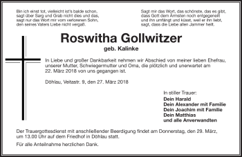 Traueranzeige von Roswitha Gollwitzer von Frankenpost