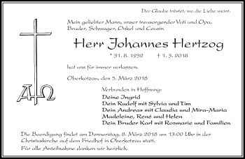 Traueranzeige von Johannes Hertzog von Frankenpost