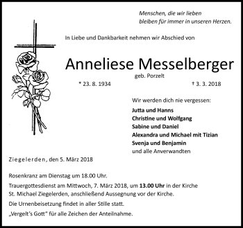 Traueranzeige von Anneliese Messelberger von Neue Presse Coburg