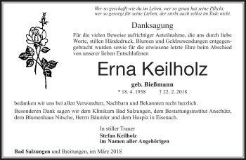Traueranzeige von Erna keilholz von Südthüringer Presse