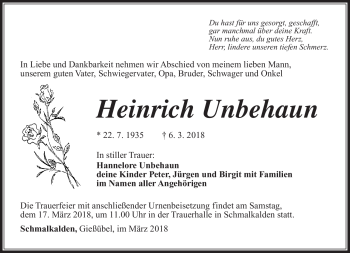 Traueranzeige von Heinrich Unbehaun von Südthüringer Presse