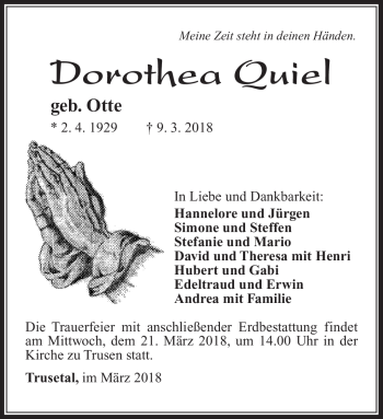 Traueranzeige von Dorothea Quiel von Südthüringer Presse