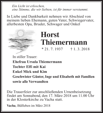 Traueranzeige von Horst Tiemermann von Südthüringer Presse