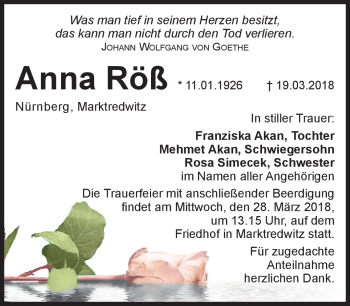 Traueranzeige von Anna Röß von Frankenpost